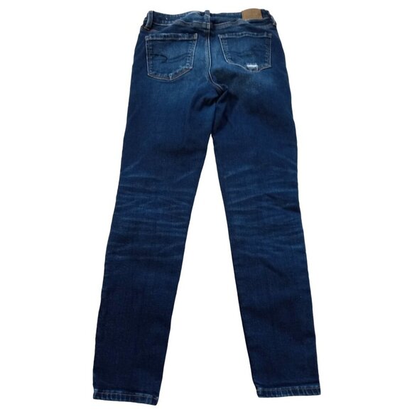 American Eagle Womens Super Stretch Deep Denim Jeans Stylish Rips Size 4 Short - Picture 7 of 9
